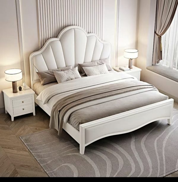 Modern Queen Bed with Shell-Inspired Headboard and Elegant Design