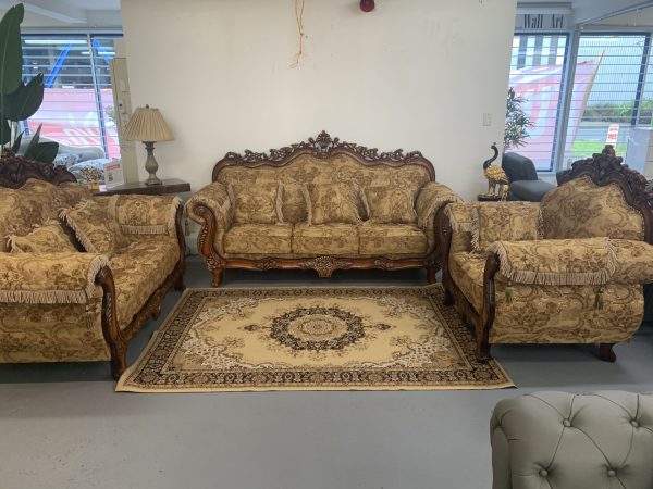 Classic Victorian-Style Lounge Suite with Ornate Wooden Carvings (3-Seater, 2-Seater, and Armchair Set)