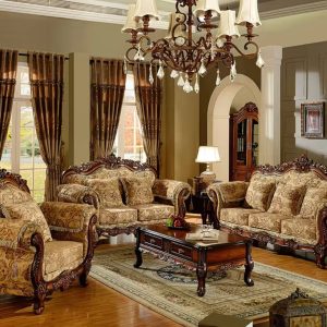 Classic Victorian-Style Lounge Suite with Ornate Wooden Carvings (3-Seater, 2-Seater, and Armchair Set)