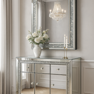 Mirrored Sideboard / Console Table (120 × 40 × 90 cm) with Crystal Inlay Mirror