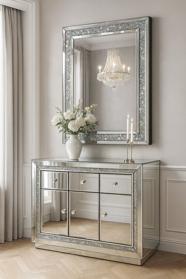 Mirrored Sideboard / Console Table (120 × 40 × 90 cm) with Crystal Inlay Mirror