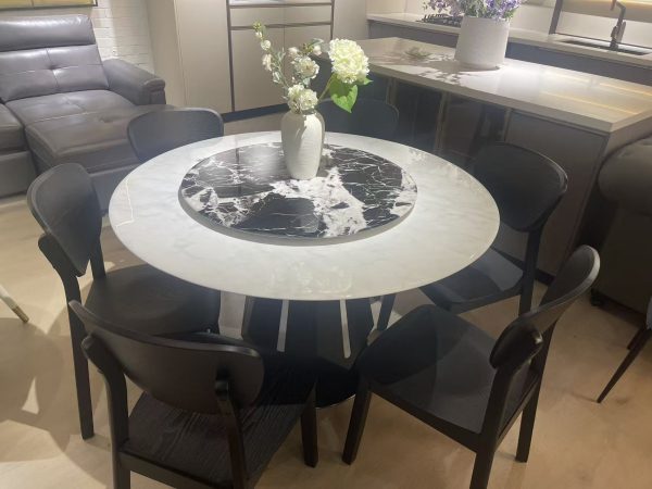 1.3m Round Stone Dining Table with Black Chairs