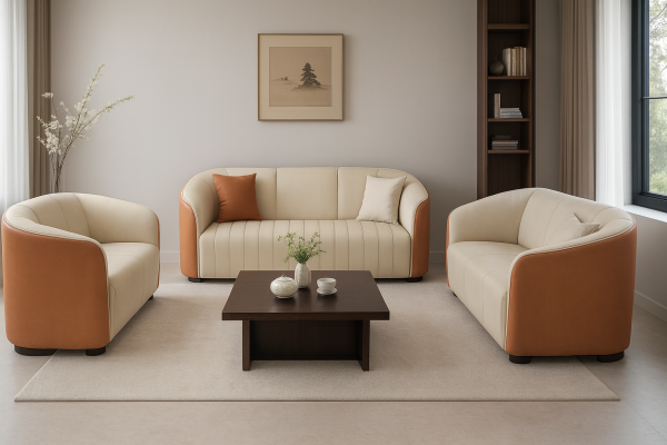 #202 Rounded Modern Sofa Set (Cream & Terracotta) – 1/2/3 Seater, Custom Colors