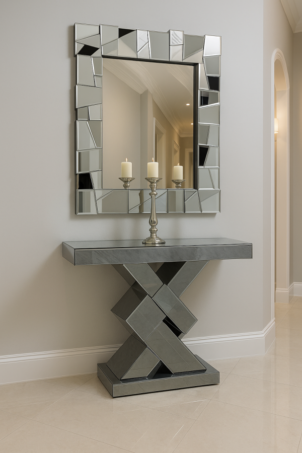 Mirrored Console Table with Matching Mirror – Luxury Crystal Design