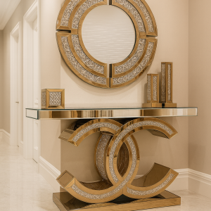 Mirrored Console Table with Matching Mirror – Luxury Crystal Design