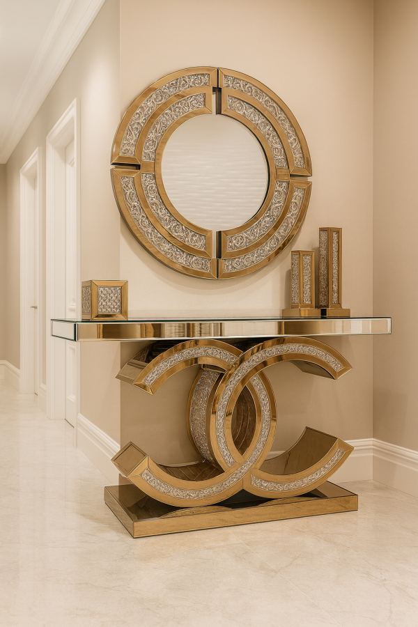 Mirrored Console Table with Matching Mirror – Luxury Crystal Design