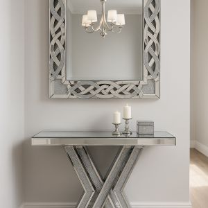 Mirrored Console Table with Matching Mirror – Luxury Crystal Design