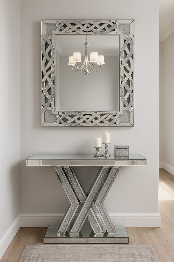 Mirrored Console Table with Matching Mirror – Luxury Crystal Design
